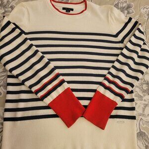 Nautica Crew Neck Cotton Sweater Cream w/Blue Stripes and Red Cuffs Medium EUC